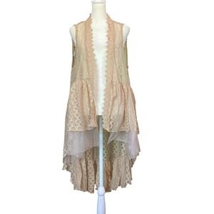 Origami by Vivian Lace Crochet Tulle Bohemian Hi-Lo Duster Vest Taupe (Size L)